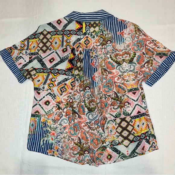 Tolani Collection Blouse Short Sleeve Button Down Paisley Blue White Stripe XXS - Picture 4 of 14